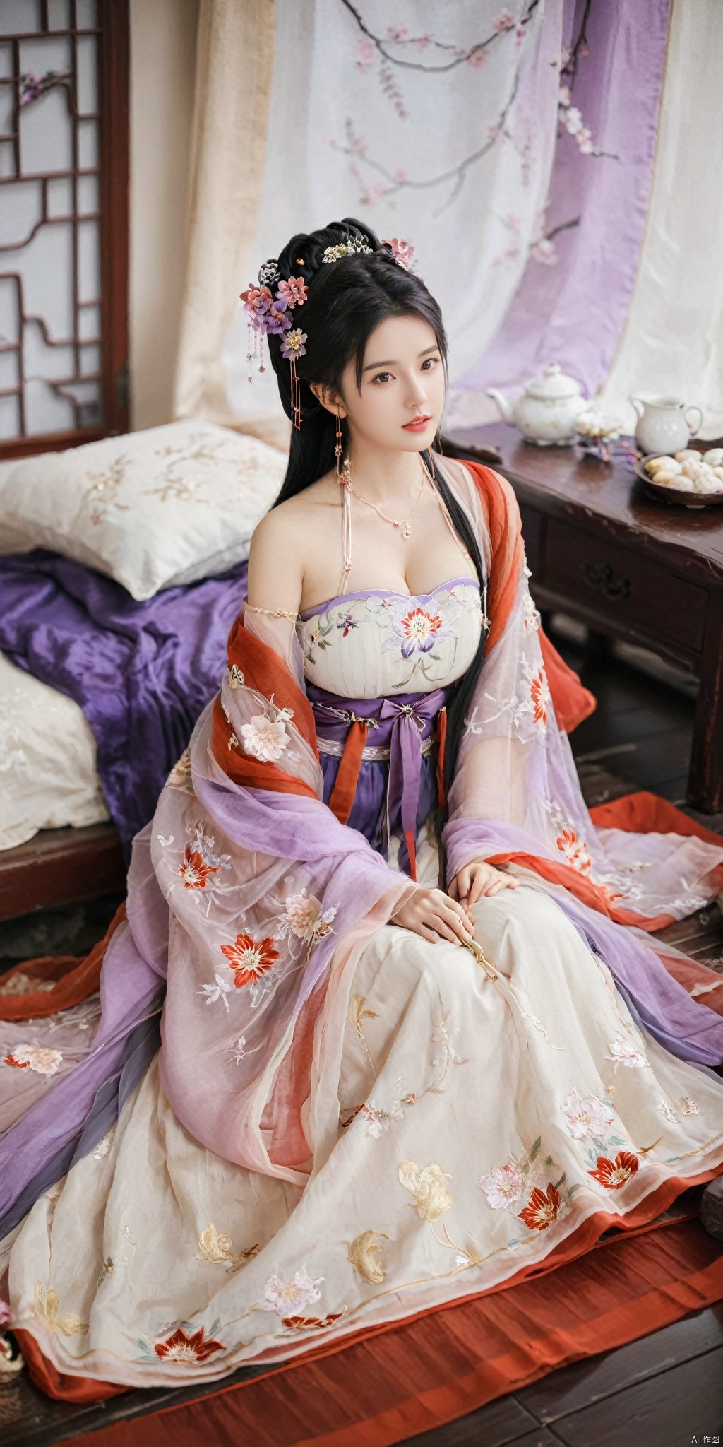  1girl, solo, long hair, black hair,Hairpins,necklace, hair ornament, dress, full body, flower, earrings, indoors, hair bun, (purple-red-white dress),(Tube top Hanfu long skirt:1.1), pillow, bed, night, chinese clothes, table, branch,daxiushan, ,daxiushan style,(huge breasts:1.6), (full breasts:1.39), realistic,hanfu, daxiushan,Shoulders are exposed, , daxiushan, arien_hanfu, FilmGirl