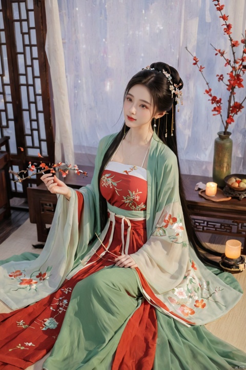  1girl, solo, long hair, black hair,Hairpins,necklace, hair ornament, dress, full body, flower, earrings, indoors, hair bun, (red-green dress),(Tube top Hanfu long skirt:1.1), pillow, bed, night, chinese clothes, table, branch,daxiushan, ,daxiushan style,(huge breasts:1.99), (full breasts:1.59), realistic,hanfu, daxiushan,Shoulders are exposed, , daxiushan, arien_hanfu, FilmGirl