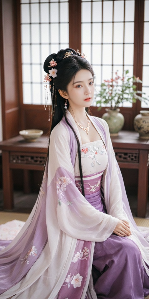  1girl, solo, long hair, black hair,Hairpins,necklace, hair ornament, dress, full body, flower, earrings, indoors, hair bun, (purple-red-white dress),(Tube top Hanfu long skirt:1.1), pillow, bed, night, chinese clothes, table, branch,daxiushan, ,daxiushan style,(huge breasts:1.6), (full breasts:1.39), realistic,hanfu, daxiushan,Shoulders are exposed, , daxiushan, arien_hanfu, FilmGirl