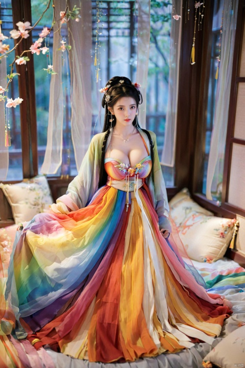  1girl, solo, long hair, black hair,Hairpins,necklace, hair ornament, dress, full body, flower, earrings, indoors, hair bun, (Seven-color rainbow gradient color dress),(Tube top Hanfu long skirt:1.1), pillow, bed, night, chinese clothes, table, branch,daxiushan, ,daxiushan style,(huge breasts:1.79), (full breasts:1.59), realistic,hanfu, daxiushan,Shoulders are exposed, , daxiushan, arien_hanfu, FilmGirl