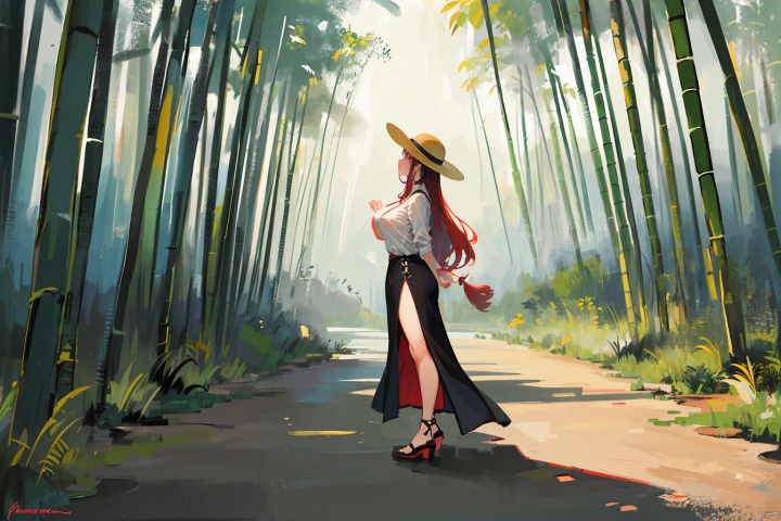  (masterpiece), (highest quality), ultra-high resolution,1girl, long hair, (high-waistskirt),golden earring, (bamboo hat),(side slit:1.3).Bamboo forest, standing