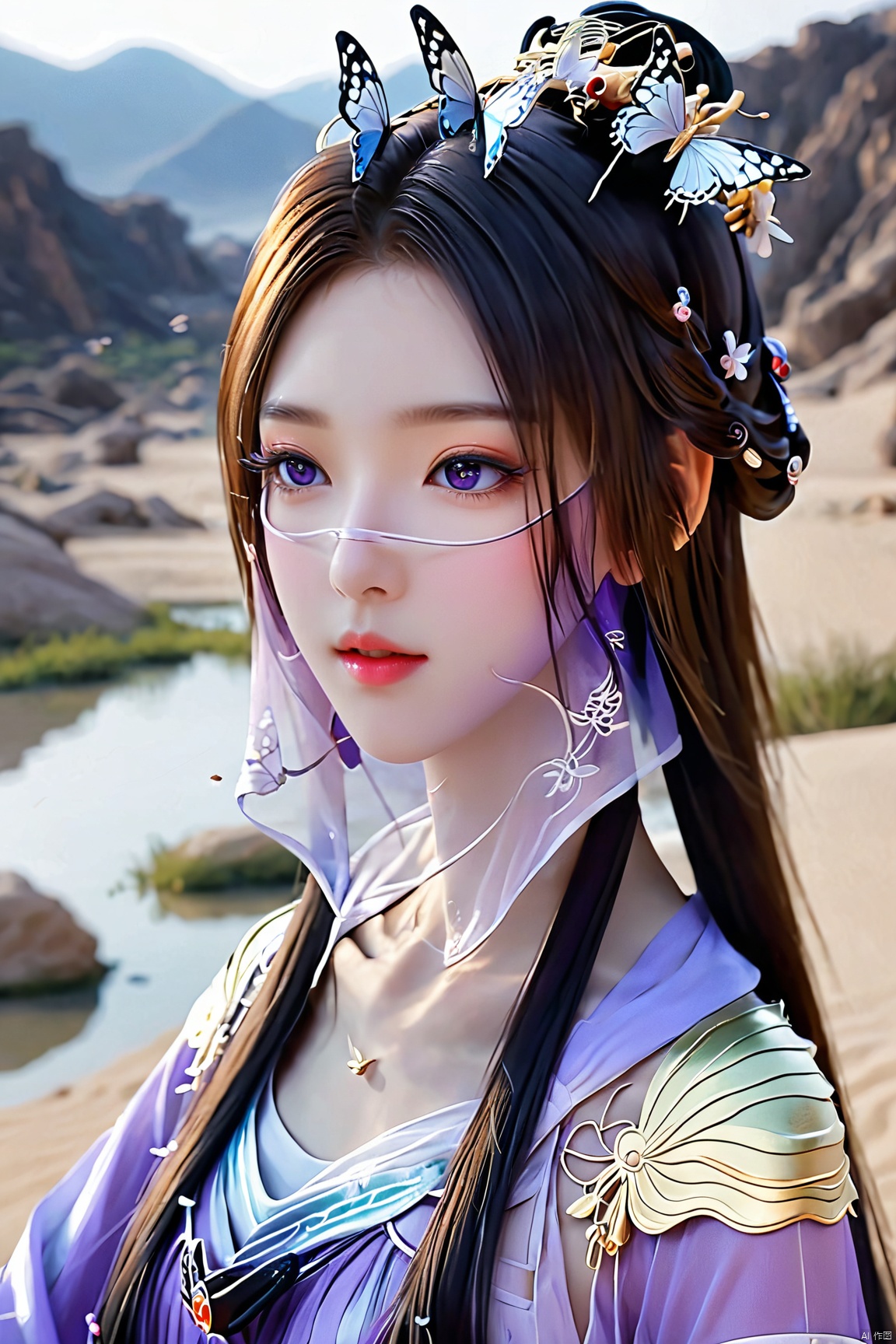  upper_body,macro range,,a girl,mouth gauze,purple eyes, X-ziling, NaGongWan, Water_butterfly, desert_sky, song_hanfu