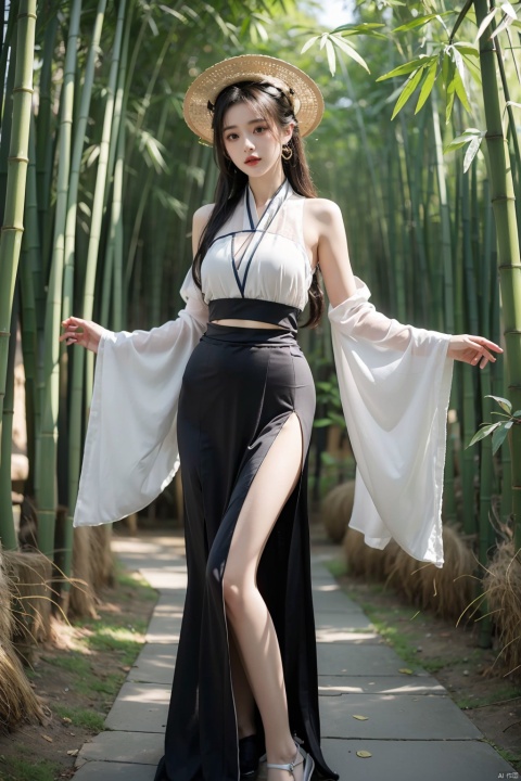  (masterpiece), (highest quality), ultra-high resolution,1girl, long hair, (high-waistskirt),golden earring, (bamboo hat),(side slit:1.3).Bamboo forest, standing, song_hanfu, tang_hanfu, hanfu