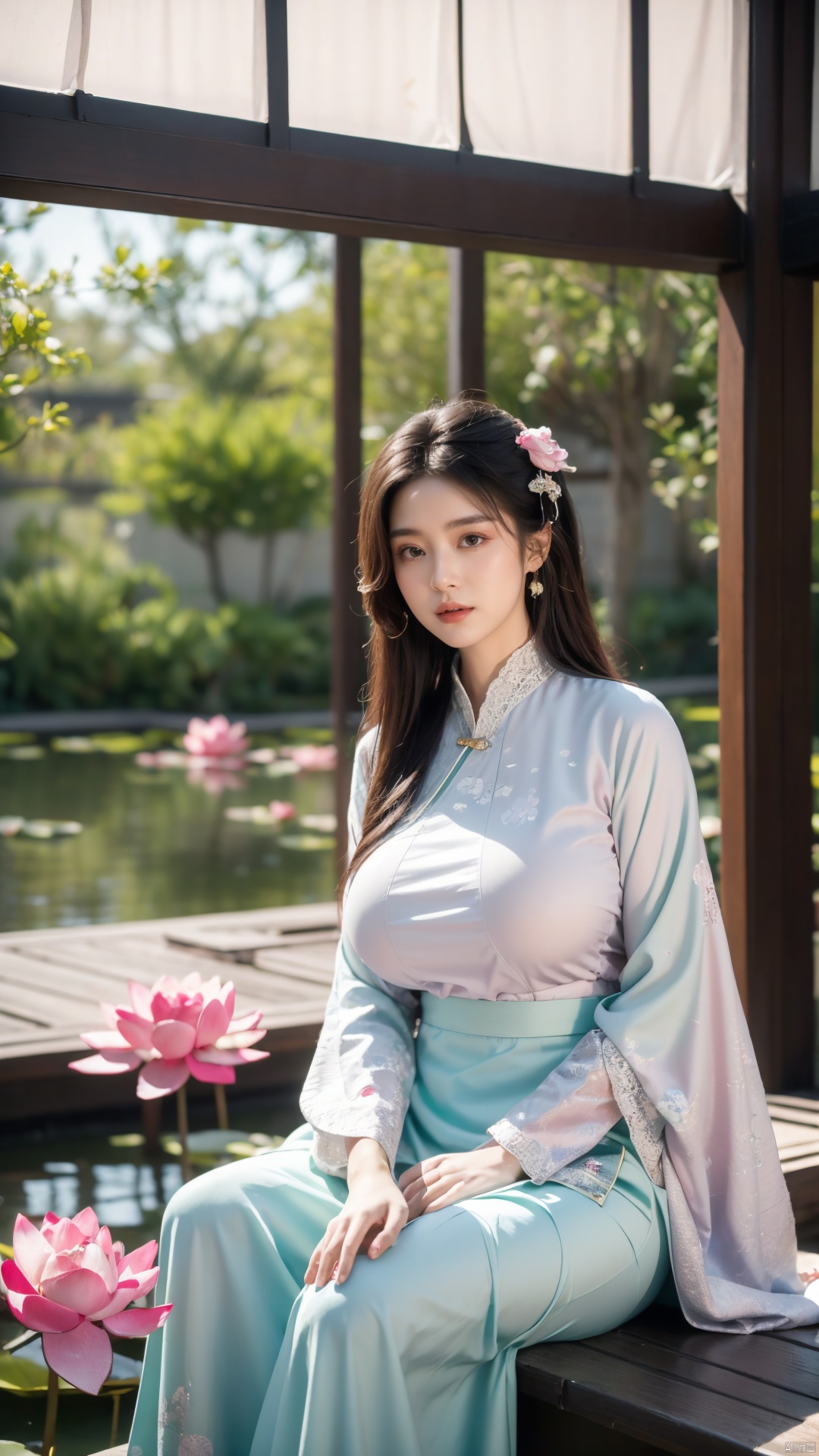  (1girl:1.1), (Lace green skirt:1.39), on Stomach,aqua_earrings,Lights, lanterns, chang,(big breasts:1.56),hanfu, Best quality, Realistic, photorealistic, masterpiece, extremely detailed CG unity 8k wallpaper, best illumination, best shadow, huge filesize ,(huge breasts:1.59) incredibly absurdres, absurdres, looking at viewer, transparent, smog, gauze, vase, petals, room, ancient Chinese style, detailed background, wide shot background,
(((black hair))),(Sitting on the lotus pond porch:1.49) ,(A pond full of pink lotus flowers:1.5),close up of 1girl,Hairpins,hair ornament,hair wings,slim,narrow waist,perfect eyes,beautiful perfect face,pleasant smile,perfect female figure,detailed skin,charming,alluring,seductive,erotic,enchanting,delicate pattern,detailed complex and rich exquisite clothing detail,delicate intricate fabrics,
Morning Serenade In the gentle morning glow, (a woman in a pink lotus-patterned Hanfu stands in an indoor courtyard:1.36),(Chinese traditional dragon and phoenix embroidered Hanfu:1.3), admiring the tranquil garden scenery. The lotus-patterned Hanfu, embellished with silver-thread embroidery, is softly illuminated by the morning light. The light mint green Hanfu imparts a sense of calm and freshness, adorned with delicate lotus patterns, with a blurred background to enhance the peaceful atmosphere,X-Yunxiao, Yunxiao_Fairy,X-ziling,Xlanlinge