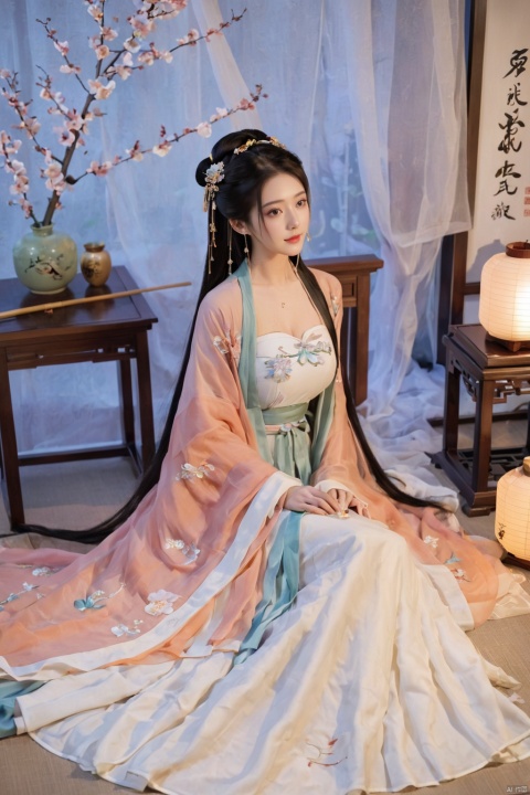  1girl, solo, long hair, black hair,Hairpins,necklace, hair ornament, dress, full body, flower, earrings, indoors, hair bun, (Tulle dress),(Tube top Hanfu long skirt:1.1), pillow, bed, night, chinese clothes, table, branch,daxiushan, ,daxiushan style,(huge breasts:1.99), (full breasts:1.59), realistic,hanfu, daxiushan,Shoulders are exposed, , daxiushan, arien_hanfu, FilmGirl