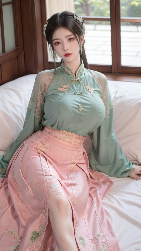  1girl, (Lace pink|green skirt:1.45), on Stomach, lying down, bed,aqua_earrings,Lights, lanterns, chang,(big breasts:1.55),hanfu, (antique cheongsam), (Chinese round fans), ll-hd, shidudou,(midi skirt:1.1), QIPAO, taoist robe, hy, han style