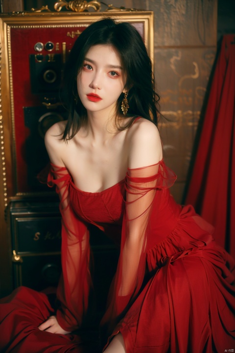  sdmai, hongchen, 1girl, solo, dress, red dress, black hair, realistic, breasts, jewelry, earrings, looking at viewer, bare shoulders,(big breasts:1.5)