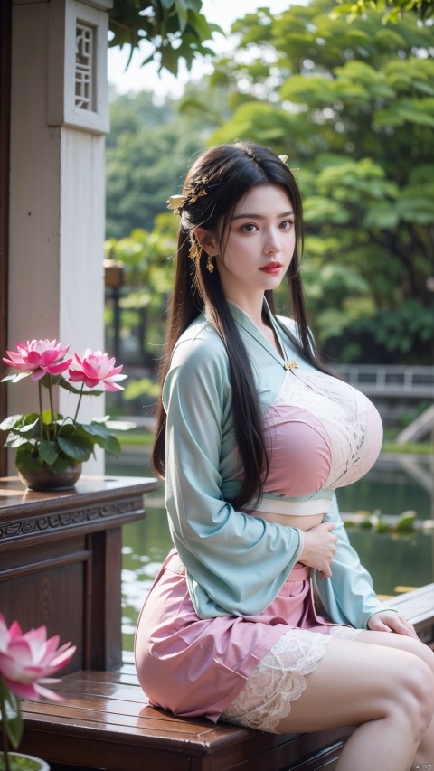  (1girl:1.1), (Lace green skirt:1.39), on Stomach,aqua_earrings,Lights, lanterns, chang,(big breasts:1.56),hanfu, Best quality, Realistic, photorealistic, masterpiece, extremely detailed CG unity 8k wallpaper, best illumination, best shadow, huge filesize ,(huge breasts:1.59) incredibly absurdres, absurdres, looking at viewer, transparent, smog, gauze, vase, petals, room, ancient Chinese style, detailed background, wide shot background,
(((black hair))),(Sitting on the lotus pond porch:1.49) ,(A pond full of pink lotus flowers:1.5),close up of 1girl,Hairpins,hair ornament,hair wings,slim,narrow waist,perfect eyes,beautiful perfect face,pleasant smile,perfect female figure,detailed skin,charming,alluring,seductive,erotic,enchanting,delicate pattern,detailed complex and rich exquisite clothing detail,delicate intricate fabrics,
Morning Serenade In the gentle morning glow, (a woman in a pink lotus-patterned Hanfu stands in an indoor courtyard:1.36),(Chinese traditional dragon and phoenix embroidered Hanfu:1.3), admiring the tranquil garden scenery. The lotus-patterned Hanfu, embellished with silver-thread embroidery, is softly illuminated by the morning light. The light mint green Hanfu imparts a sense of calm and freshness, adorned with delicate lotus patterns, with a blurred background to enhance the peaceful atmosphere,