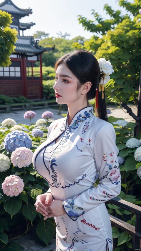  1girl,front,mottledsunlight,hydrangea flowers field,photoparticle,refracted light,light particles,sparkle,backlighting,hydrangea flower,china dress\(haihang\),lingxing, (big breasts:1.6),(Ancient Chinese architecture, Suzhou gardens, gardens full of flowers:1.3)