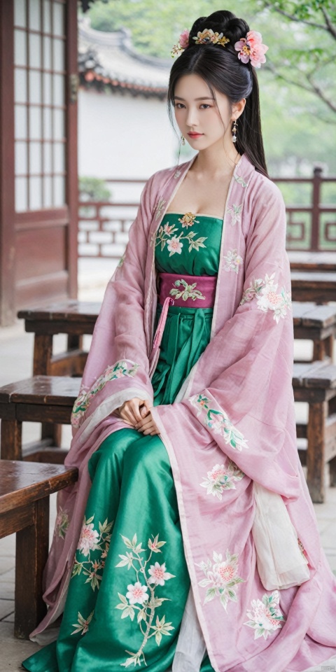  1girl, solo, long hair, black hair,Hairpins,necklace, hair ornament, dress, full body, flower, earrings, indoors, hair bun, (purple-pink-green dress),(Tube top Hanfu long skirt:1.1), pillow, bed, night, chinese clothes, table, branch,daxiushan, ,daxiushan style,(huge breasts:1.6), (full breasts), realistic,hanfu, daxiushan,Shoulders are exposed, , daxiushan, arien_hanfu, FilmGirl