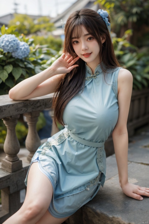  best quality, masterpiece,Depth of field,kind smile,looking_at_viewer,Dynamic pose,RAW photo,1girl,Xcheongsam,(big breasts:1.59),(ping-blue dress:1.23),X-Hydrangea,Yunxiao_Fairy,X-ziling