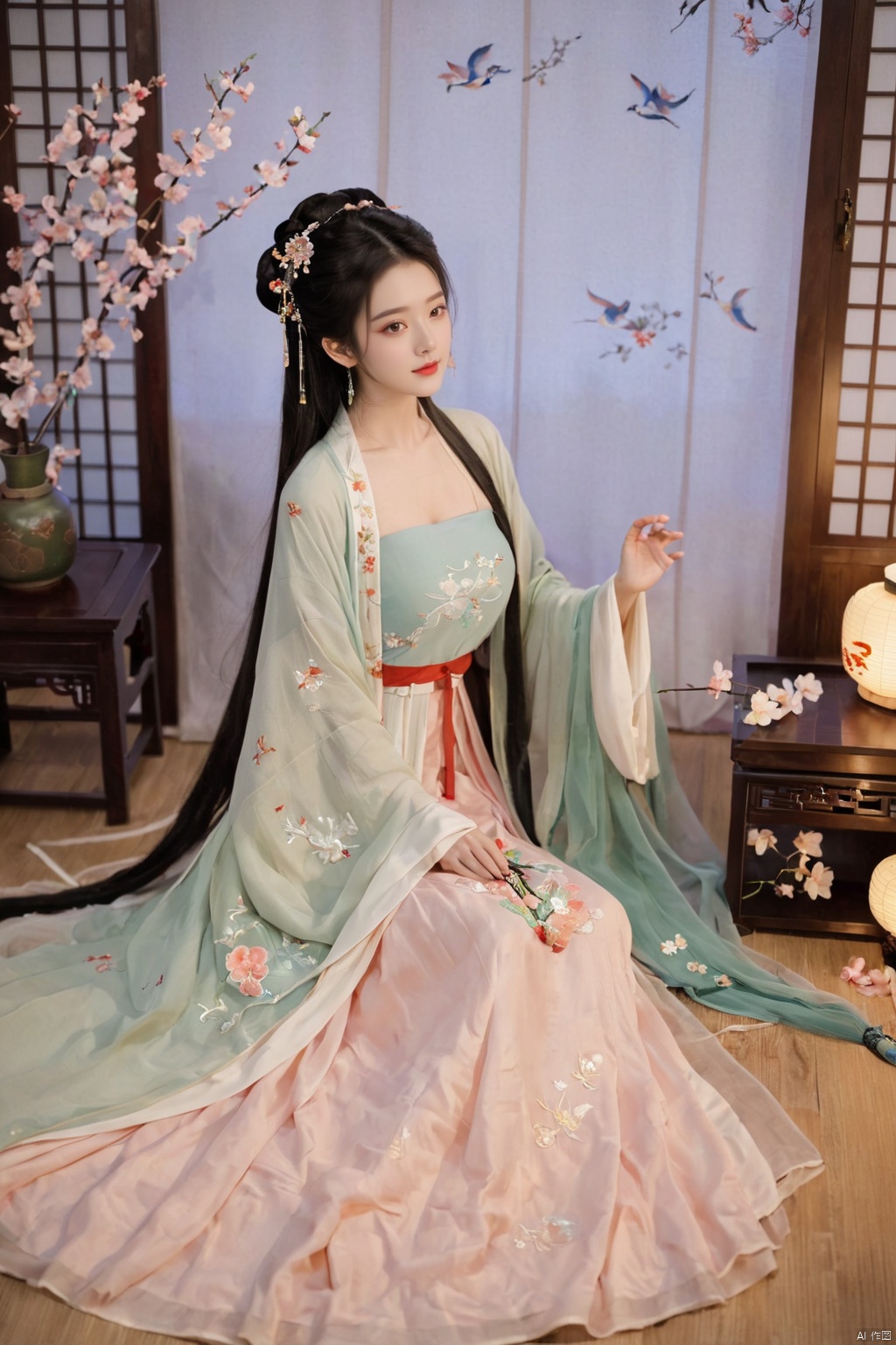  1girl, solo, long hair, black hair,Hairpins,necklace, hair ornament, dress, full body, flower, earrings, indoors, hair bun, (embroidery dress),(Tube top Hanfu long skirt:1.1), pillow, bed, night, chinese clothes, table, branch,daxiushan, ,daxiushan style,(huge breasts:1.99), (full breasts:1.59), realistic,hanfu, daxiushan,Shoulders are exposed, , daxiushan, arien_hanfu, FilmGirl