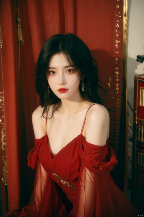  sdmai, hongchen, 1girl, solo, dress, red dress, black hair, realistic, breasts, jewelry, earrings, looking at viewer, bare shoulders,(big breasts:1.5)