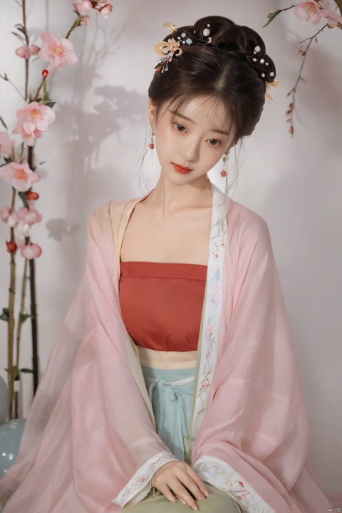  (masterpiece, top quality, best quality, official art, beautiful and aesthetic:1.2),gf-hd, 1girl, solo, hair ornament, jewelry,hanfu dress, pink dress, earrings, chinese clothes, brown hair, ribbon, hanfu, red ribbon, shawl, song_hanfu,(big breasts:1.89), monkren