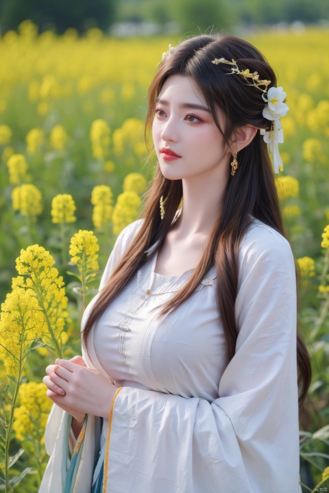  Enhanced, masterpiece, 16K, girl, Solo, Flower Field, rape flower, (\meng ze\), yue , hair ornament , hanfu,(big breasts:1.33)