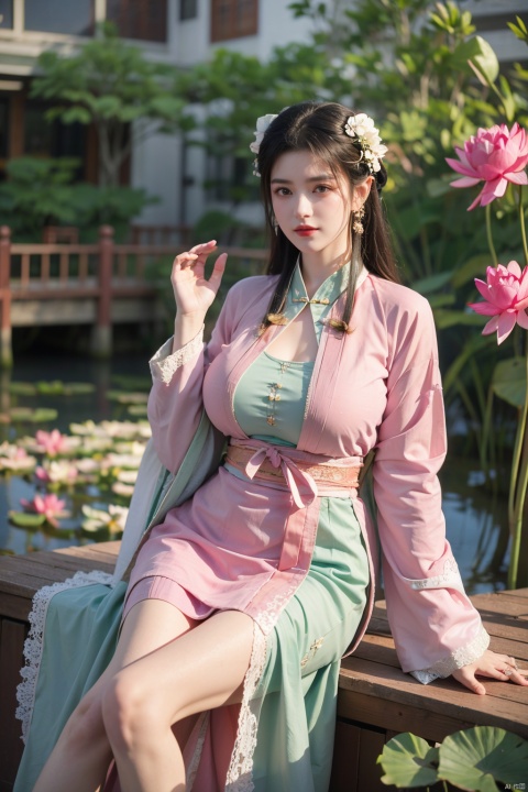  (1girl:1.1), (Lace pink-green skirt:1.39), on Stomach,aqua_earrings,Lights, lanterns, chang,(big breasts:1.56),hanfu, Best quality, Realistic, photorealistic, masterpiece, extremely detailed CG unity 8k wallpaper, best illumination, best shadow, huge filesize ,(huge breasts:1.59) incredibly absurdres, absurdres, looking at viewer, transparent, smog, gauze, vase, petals, room, ancient Chinese style, detailed background, wide shot background,
(((black hair))),(Sitting on the lotus pond porch:1.49) ,(A pond full of pink lotus flowers:1.5),close up of 1girl,Hairpins,hair ornament,hair wings,slim,narrow waist,perfect eyes,beautiful perfect face,pleasant smile,perfect female figure,detailed skin,charming,alluring,seductive,erotic,enchanting,delicate pattern,detailed complex and rich exquisite clothing detail,delicate intricate fabrics,
Morning Serenade In the gentle morning glow, (a woman in a pink lotus-patterned Hanfu stands in an indoor courtyard:1.36),(Chinese traditional dragon and phoenix embroidered Hanfu:1.3), admiring the tranquil garden scenery. The lotus-patterned Hanfu, embellished with silver-thread embroidery, is softly illuminated by the morning light. The light mint green Hanfu imparts a sense of calm and freshness, adorned with delicate lotus patterns, with a blurred background to enhance the peaceful atmosphere, song_hanfu, tang_hanfu