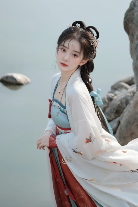  (masterpiece, top quality, best quality, official art, beautiful and aesthetic:1.2),gf-hd, 1girl, solo, hair ornament, jewelry,hanfu dress, red dress, earrings, chinese clothes, brown hair, ribbon, hanfu, red ribbon, shawl, song_hanfu,(big breasts:1.59), monkren, tang_hanfu