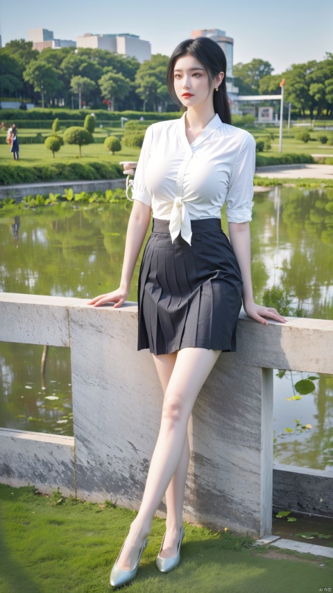  Best quality,masterpiece, 1girl,business shirt, (huge breasts:1.59)(Tie), (Exposed thighs:1.3), (mini skirt:1.3), (pleated skirt:1.3),1 girl,(Sitting on the grass in the park with a lotus pond in the background:1.3),(huge breasts:1.69),Clothes Chinese landscape painting hanging on the wall,moyou