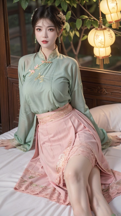  1girl, (Lace pink|green skirt:1.45), on Stomach, lying down, bed,aqua_earrings,Lights, lanterns, chang,(big breasts:1.55),hanfu, (antique cheongsam), (Chinese round fans), ll-hd, shidudou,(midi skirt:1.1), QIPAO, taoist robe, hy, han style