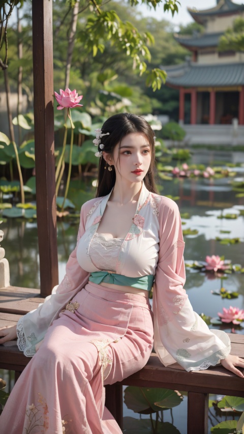  (1girl:1.1), (Lace pink-green skirt:1.39), on Stomach,aqua_earrings,Lights, lanterns, chang,(big breasts:1.56),hanfu, Best quality, Realistic, photorealistic, masterpiece, extremely detailed CG unity 8k wallpaper, best illumination, best shadow, huge filesize ,(huge breasts:1.59) incredibly absurdres, absurdres, looking at viewer, transparent, smog, gauze, vase, petals, room, ancient Chinese style, detailed background, wide shot background,
(((black hair))),(Sitting on the lotus pond porch:1.49) ,(A pond full of pink lotus flowers:1.5),close up of 1girl,Hairpins,hair ornament,hair wings,slim,narrow waist,perfect eyes,beautiful perfect face,pleasant smile,perfect female figure,detailed skin,charming,alluring,seductive,erotic,enchanting,delicate pattern,detailed complex and rich exquisite clothing detail,delicate intricate fabrics,
Morning Serenade In the gentle morning glow, (a woman in a pink lotus-patterned Hanfu stands in an indoor courtyard:1.36),(Chinese traditional dragon and phoenix embroidered Hanfu:1.3), admiring the tranquil garden scenery. The lotus-patterned Hanfu, embellished with silver-thread embroidery, is softly illuminated by the morning light. The light mint green Hanfu imparts a sense of calm and freshness, adorned with delicate lotus patterns, with a blurred background to enhance the peaceful atmosphere, song_hanfu, tang_hanfu