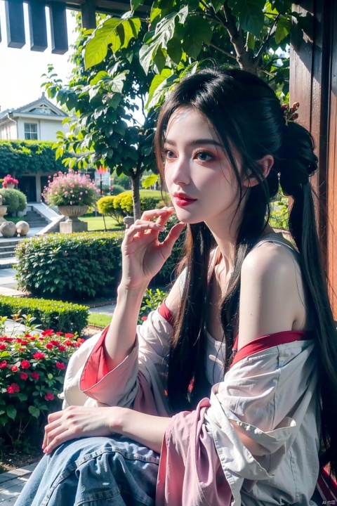  (hanfu:0.9),(ru_qun:1.1),(masterpiece:1.2), (best quality:1.3), (ultra-detailed:1.2), (illustration:1.2), (Cinematic Lighting),In a whimsical and fantastical garden, the 2D anime black hair girl sits on a giant toadstool, surrounded by giant mushrooms and colorful butterflies. She wears a playful and quirky hanfu and qixiong ruqun, She has a curious and adventurous expression on her face, as she explores the strange and wondrous garden. Her hair is styled in pigtails, the color of candyfloss, adorned with a pair of oversized bows. She holds a butterfly in hand. The atmosphere is whimsical and playful, it's clear that she is in her element and enjoying the moment of the fantastical garden.,black hair, Raytracing,beautiful and clear background,hime cut,, ru_qun