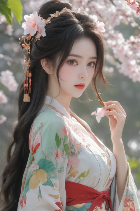  arien_hanfu,1girl, solo, flower, long hair, black hair, hair ornament, (big breasts:1.69),hair flower, blue|green eyes, floral print, chinese clothes, looking at viewer, detached sleeves, upper body, white flower, parted lips, dress, pink flower, china dress, bare shoulders, blush, red flower, eyelashes, white dress, lips, sleeveless, parted bangs, grey background, gongzhuqie, neon_dress,huansha, glowing,lens flare,big leaf,plant, wind, chang,(big breasts:1.89), light master, MAJICMIX STYLE