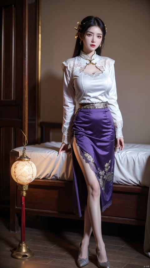  1girl, (high collar Lace Dark purple skirt:1.39), on Stomach, bed,aqua_earrings,Lights, lanterns, chang,(big breasts:1.52),hanfu, (antique cheongsam, Chinese round fans:1.2),