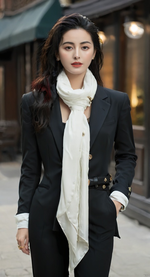  1girl,scarf,long hair,pants,solo,ring,jewelry,red pants,shirt,belt,hand in pocket,white shirt,blurry,blurry background,looking at viewer,black hair,brown eyes,formal,white scarf,standing,black jacket,realistic,lips,buttons,cowboy shot,outdoors,long sleeves,pant suit,monkren,(big breasts:1.6)
