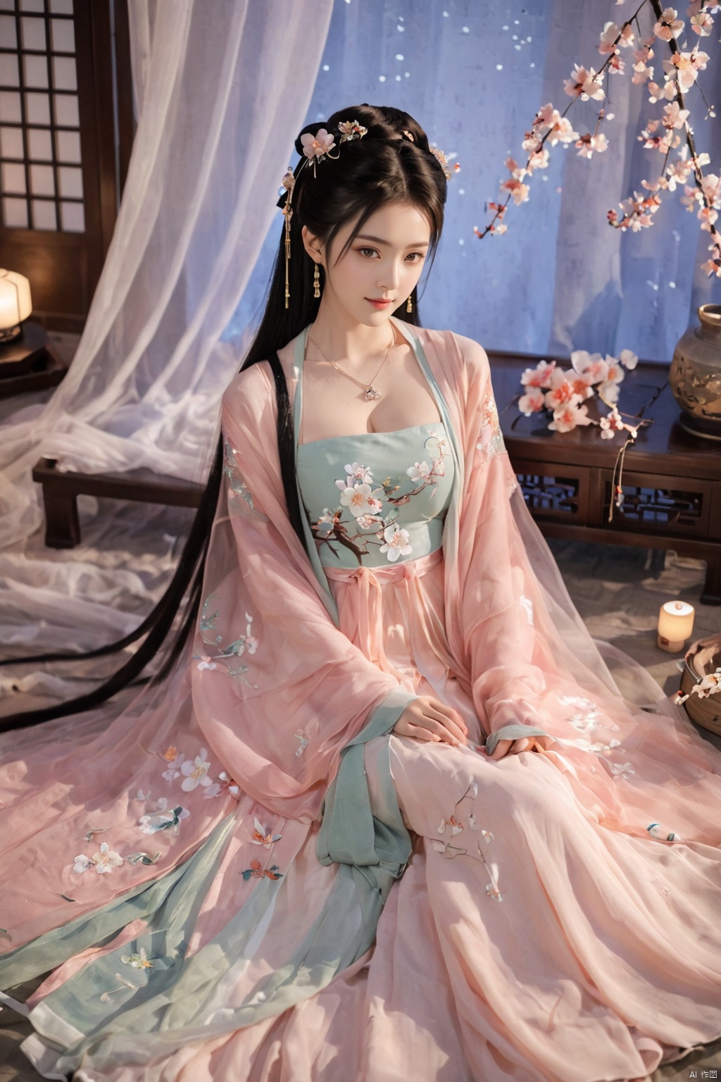  1girl, solo, long hair, black hair,Hairpins,necklace, hair ornament, dress, full body, flower, earrings, indoors, hair bun, (Tulle dress),(Tube top Hanfu long skirt:1.1), pillow, bed, night, chinese clothes, table, branch,daxiushan, ,daxiushan style,(huge breasts:1.99), (full breasts:1.59), realistic,hanfu, daxiushan,Shoulders are exposed, , daxiushan, arien_hanfu, FilmGirl