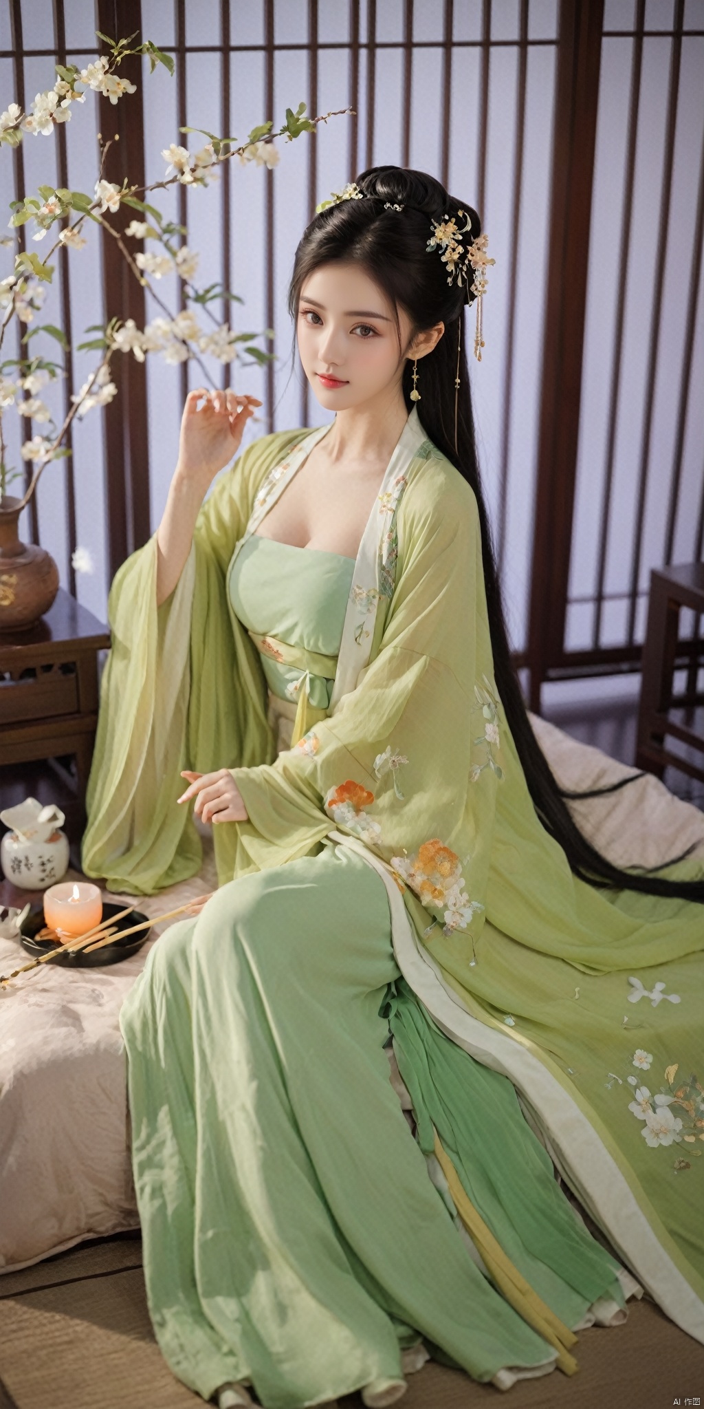  1girl, solo, long hair, black hair,Hairpins,necklace, hair ornament, dress, full body, flower, earrings, indoors, hair bun, (light green dress),(Tube top Hanfu long skirt:1.1), pillow, bed, night, chinese clothes, table, branch,daxiushan, ,daxiushan style,(huge breasts:1.99), (full breasts:1.69), realistic,hanfu, daxiushan,Shoulders are exposed, , daxiushan, arien_hanfu,