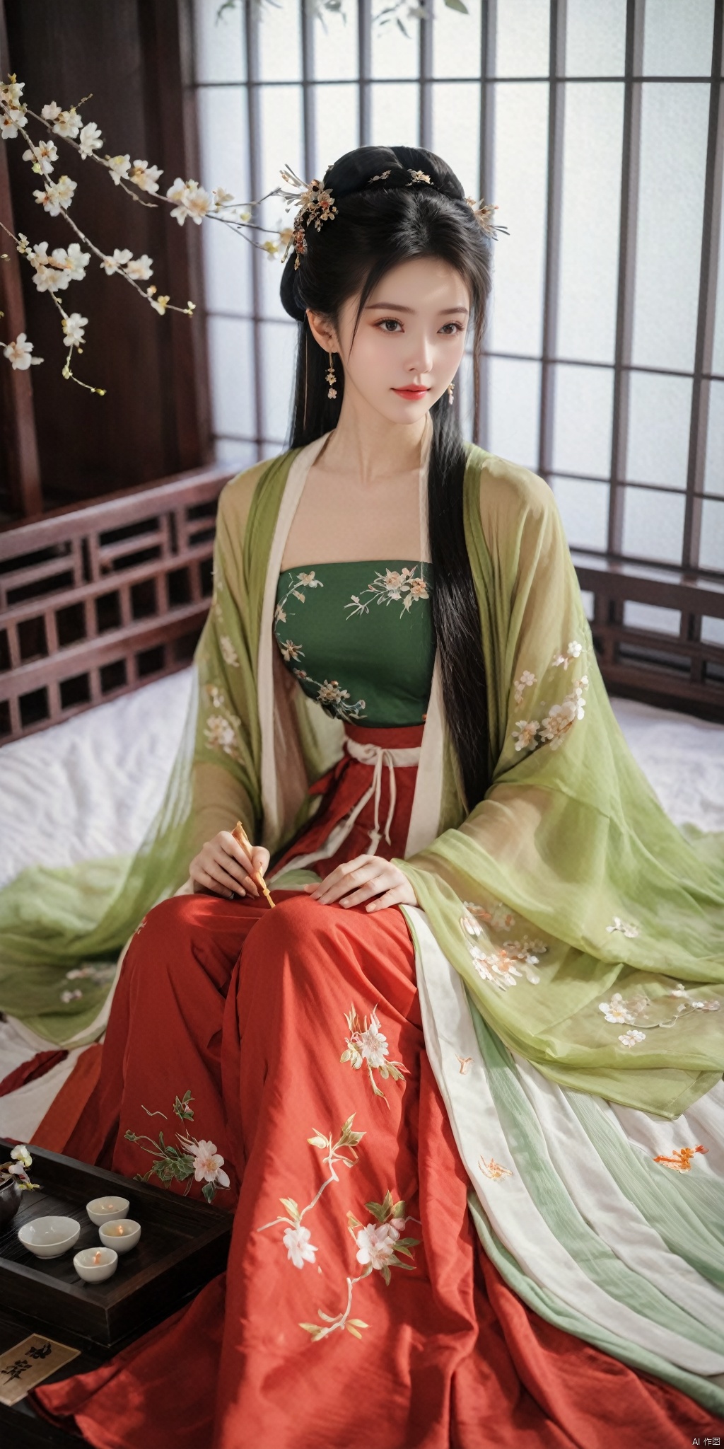  1girl, solo, long hair, black hair,Hairpins,necklace, hair ornament, dress, full body, flower, earrings, indoors, hair bun, (red-green dress),(Tube top Hanfu long skirt:1.1), pillow, bed, night, chinese clothes, table, branch,daxiushan, ,daxiushan style,(huge breasts:1.88), (full breasts:1.59), realistic,hanfu, daxiushan,Shoulders are exposed, , daxiushan, arien_hanfu, FilmGirl