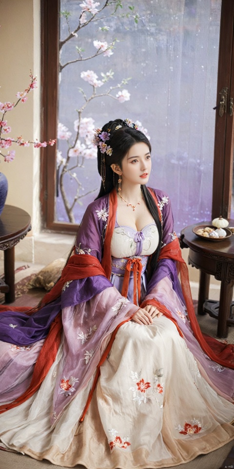  1girl, solo, long hair, black hair,Hairpins,necklace, hair ornament, dress, full body, flower, earrings, indoors, hair bun, (purple-red-white dress),(Tube top Hanfu long skirt:1.1), pillow, bed, night, chinese clothes, table, branch,daxiushan, ,daxiushan style,(huge breasts:1.6), (full breasts:1.39), realistic,hanfu, daxiushan,Shoulders are exposed, , daxiushan, arien_hanfu, FilmGirl