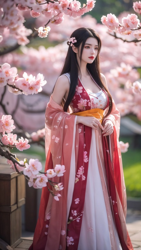 (masterpiece:1.4),(best quality:1.4),(ultra-detailed:1.2),high quality,highres,ultra high res,(RAW photo:1.2),extremely detailed,finely detail,,1girl,((long hair)),beautiful detailed eyes,full body,(duobaca),hanfu, red|blue Hanfu long skirt, (big breasts:1.69), shidudou, embroidered flower patterns, vibrantProj,(Plum blossom, peach blossom, cherry blossom, chrysanthemum:1.36)