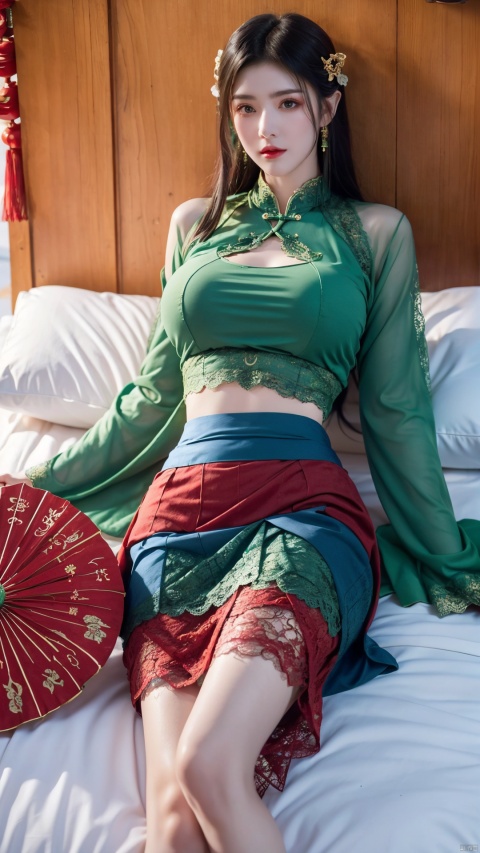  1girl, (Lace red|blue|green skirt:1.45), on Stomach, lying down, bed,aqua_earrings,Lights, lanterns, chang,(big breasts:1.49),hanfu, (antique cheongsam), (Chinese round fans),
