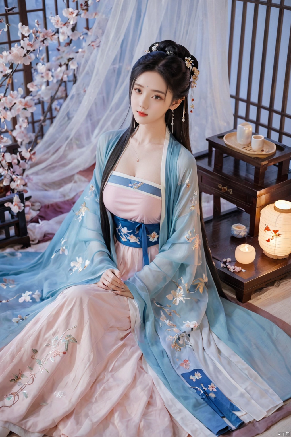  1girl, solo, long hair, black hair,Hairpins,necklace, hair ornament, dress, full body, flower, earrings, indoors, hair bun, (blue dress),(Tube top Hanfu long skirt:1.1), pillow, bed, night, chinese clothes, table, branch,daxiushan, ,daxiushan style,(huge breasts:1.99), (full breasts:1.59), realistic,hanfu, daxiushan,Shoulders are exposed, , daxiushan, arien_hanfu, FilmGirl