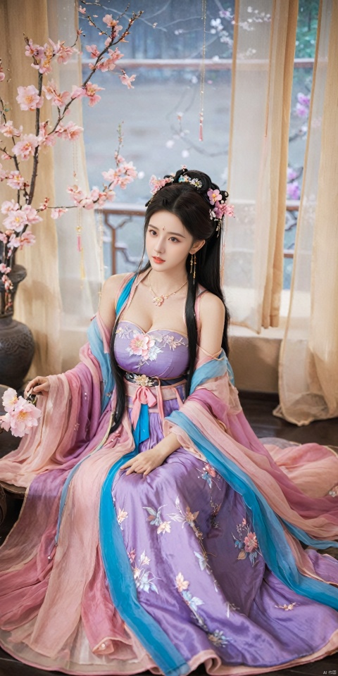  1girl, solo, long hair, black hair,Hairpins,necklace, hair ornament, dress, full body, flower, earrings, indoors, hair bun, (purple-pink-blue dress),(Tube top Hanfu long skirt:1.1), pillow, bed, night, chinese clothes, table, branch,daxiushan, ,daxiushan style,(huge breasts:1.6), (full breasts:1.39), realistic,hanfu, daxiushan,Shoulders are exposed, , daxiushan, arien_hanfu, FilmGirl