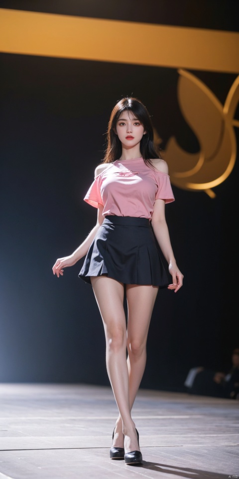  1girl,eye contact,sunlight,(pink JK_suit:1.2),JK_style,(dark blue JK_skirt),(Round-neck T-shirt:1.1),standing,full body,arms behindback,white thighhigh,unity 8k wallpaper,ultra detailed,beautiful and aesthetic,(Fashion show runway:1.3),(depth of field:1.5),(black pantyhose),reality,high quality,highres,(big breasta:1.39)