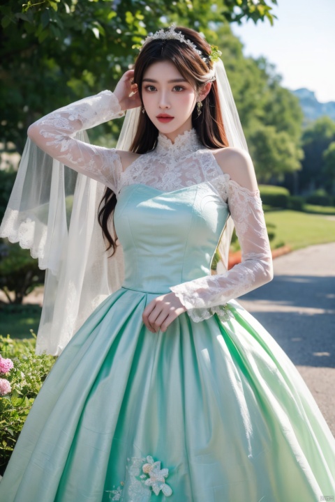  1girl,green wedding dress, (masterpiece, top quality, best quality, official art, beautiful and aesthetic:1.2)