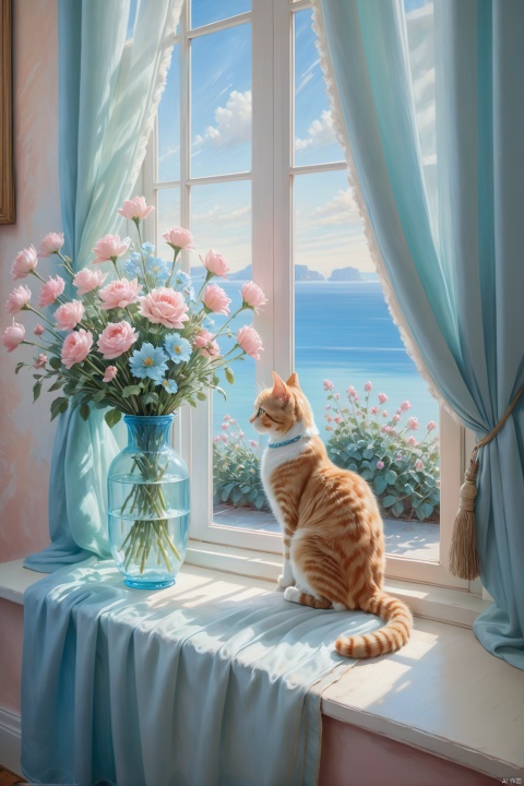  a cat looking at a bouquet, near by the window with the curtains, coastal landscape outside the window, oil painting, plein air painting, dreamy azure, light blue and dreamy pink, dreamy ice mint, natural light, high quality, high detail, super clarity, transcendent work