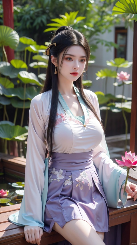  (1girl:1.1), (Lace purple skirt:1.39), on Stomach,aqua_earrings,Lights, lanterns, chang,(big breasts:1.56),hanfu, Best quality, Realistic, photorealistic, masterpiece, extremely detailed CG unity 8k wallpaper, best illumination, best shadow, huge filesize ,(huge breasts:1.56) incredibly absurdres, absurdres, looking at viewer, transparent, smog, gauze, vase, petals, room, ancient Chinese style, detailed background, wide shot background,
(((black hair))),(Sitting on the lotus pond porch:1.49) ,(A pond full of pink lotus flowers:1.5),close up of 1girl,Hairpins,hair ornament,hair wings,slim,narrow waist,perfect eyes,beautiful perfect face,pleasant smile,perfect female figure,detailed skin,charming,alluring,seductive,erotic,enchanting,delicate pattern,detailed complex and rich exquisite clothing detail,delicate intricate fabrics,
Morning Serenade In the gentle morning glow, (a woman in a pink lotus-patterned Hanfu stands in an indoor courtyard:1.36),(Chinese traditional dragon and phoenix embroidered Hanfu:1.3), admiring the tranquil garden scenery. The lotus-patterned Hanfu, embellished with silver-thread embroidery, is softly illuminated by the morning light. The light mint green Hanfu imparts a sense of calm and freshness, adorned with delicate lotus patterns, with a blurred background to enhance the peaceful atmosphere,