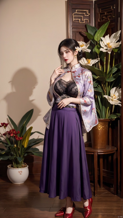  1girl, (high collar Lace red|purple skirt:1.39), on Stomach, bed,aqua_earrings,Lights, lanterns, chang,(big breasts:1.79),hanfu, (antique cheongsam, Chinese round fans:1.3),(Flower arrangement, potted orchid, screen, Chinese ink painting, round fan:1.25)