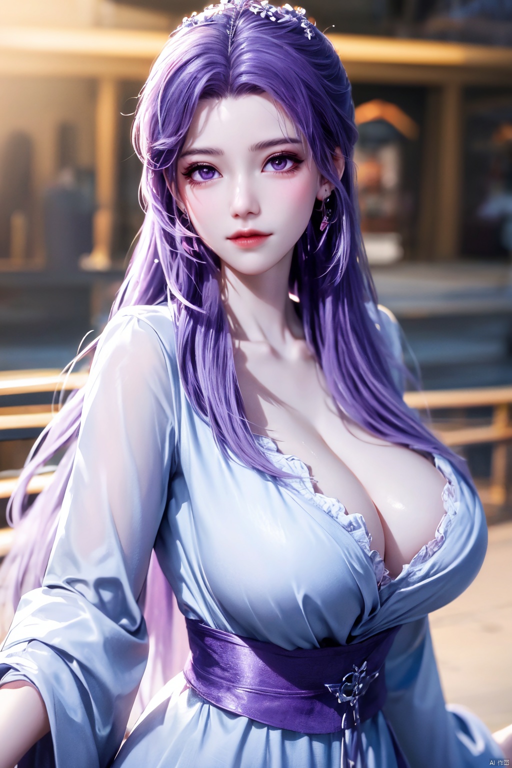  best quality,masterpiece,Yunxiao_Fairy,1girl,solo,long hair,looking at viewer,jewelry,closed mouth,purple eyes,upper body,purple hair,earrings,blurry,blurry background,sunlight,red lips,(big breasts:1.39), Yunxiao_xianzi