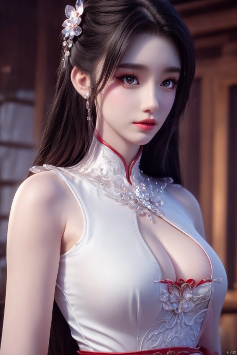 masterpiece,(best quality),official art, extremely detailed cg 8k wallpaper,((crystalstexture skin)), (extremely delicate and beautiful),highly detailed,1girl,solo,long hair,headwear,,(black hair),(closed mouth),(standing),(chinese clothing),dress,Headwear, jewelry,,looking at the audience,Facing the camera,indoor,Street, Sunny,(whole body),looking_at_viewer, (cleavage, big breasts), upper body,Xbaihehuai