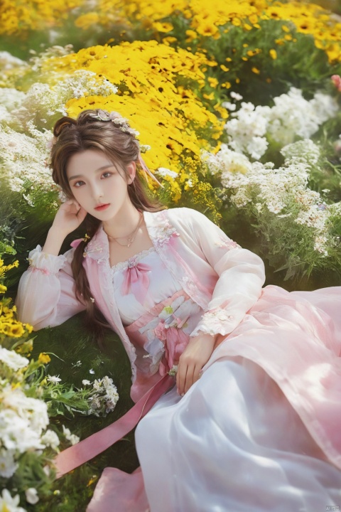  1girl, aerith gainsborough, final fantasy, lying back on flowers, from above, masterpiece, best quality, very aesthetic, absurdres, newest, ai-generated