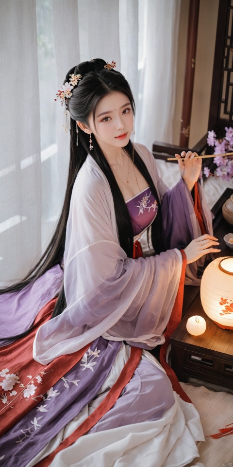  1girl, solo, long hair, black hair,Hairpins,necklace, hair ornament, dress, full body, flower, earrings, indoors, hair bun, (purple-red-white dress),(Tube top Hanfu long skirt:1.1), pillow, bed, night, chinese clothes, table, branch,daxiushan, ,daxiushan style,(huge breasts:1.6), (full breasts:1.39), realistic,hanfu, daxiushan,Shoulders are exposed, , daxiushan, arien_hanfu, FilmGirl