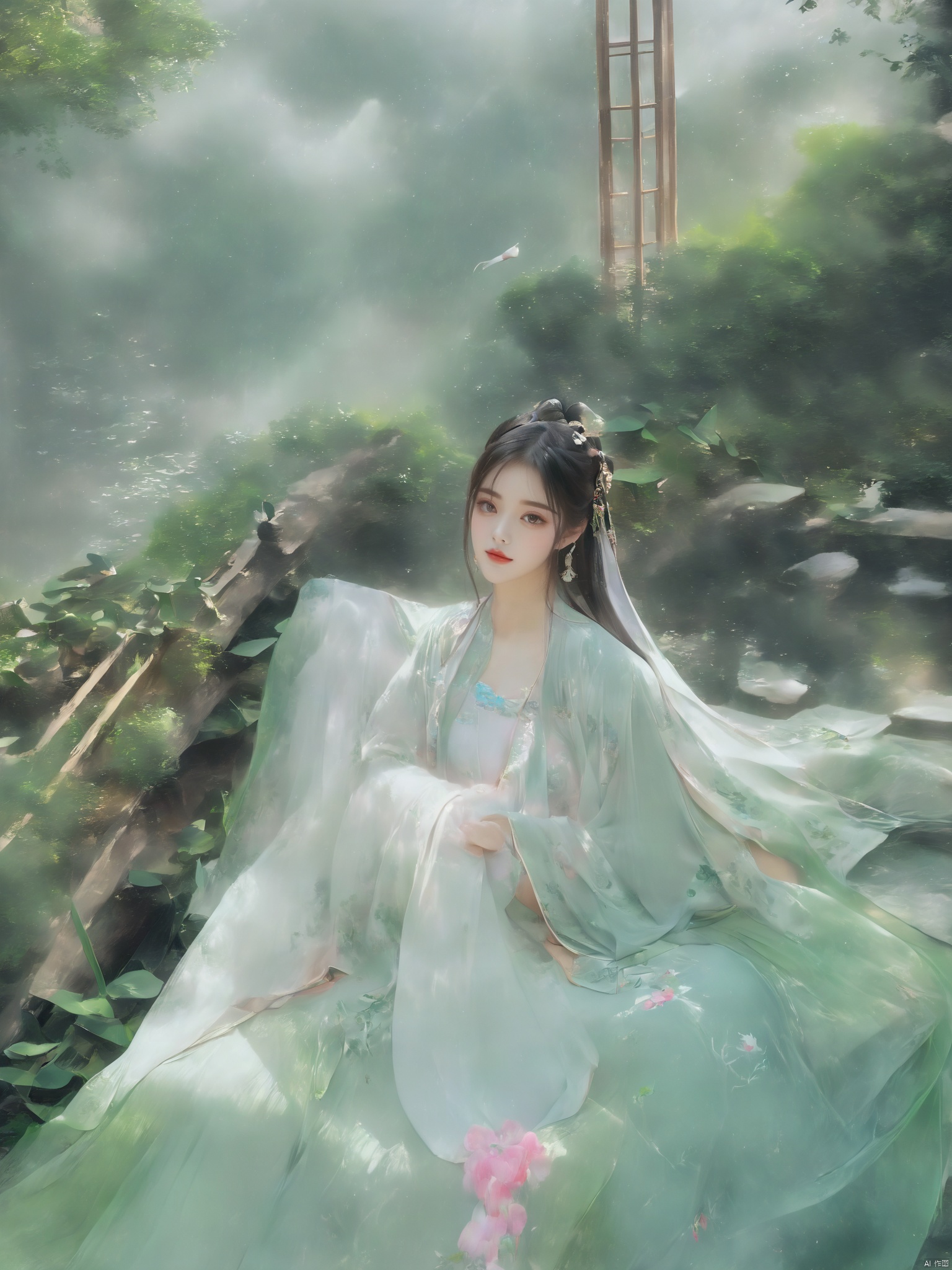  ((1girl)),solo,lying on back on bamboo mat bed in garden,paper fan,thin hanfu,foggy,(curtain),(bamboo forest),(huge breasts:2),(Spread your legs and expose your vagina:1.55),tiles roof,light green and white,off shoulders,chinese painting,gongbi style,water_color,(grapevineman:1.4),(huge breasts:2.5),(trees, artificial mountain, green lotus leaves,light pink lotus flowers),koi,wooden windows,doors,bed,stone,trandional architecture,temple,tower,wall,chinese garden,long hair,full body,bangs,(huge breasts:2.2),(masterpiece, Extremely detailed, best quality, highres:1.2),(ultra_detailed, UHD:1.2),soft smile,huyefo,1girl,see-through,(huge breasts:2.3),,*****,bsp,daxiushan,daxiushan style, , ,