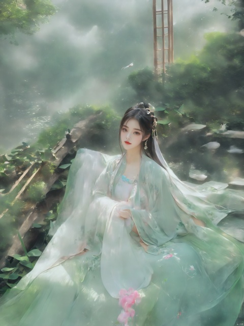  ((1girl)),solo,lying on back on bamboo mat bed in garden,paper fan,thin hanfu,foggy,(curtain),(bamboo forest),(huge breasts:2),(Spread your legs and expose your vagina:1.55),tiles roof,light green and white,off shoulders,chinese painting,gongbi style,water_color,(grapevineman:1.4),(huge breasts:2.5),(trees, artificial mountain, green lotus leaves,light pink lotus flowers),koi,wooden windows,doors,bed,stone,trandional architecture,temple,tower,wall,chinese garden,long hair,full body,bangs,(huge breasts:2.2),(masterpiece, Extremely detailed, best quality, highres:1.2),(ultra_detailed, UHD:1.2),soft smile,huyefo,1girl,see-through,(huge breasts:2.3),,pussy,bsp,daxiushan,daxiushan style, , ,