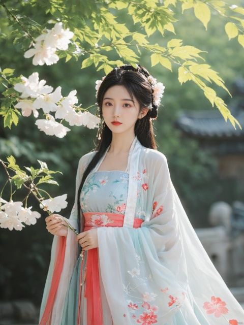  arien_hanfu,1girl, solo, flower, long hair, black hair, hair ornament, (big breasts:2.2), hair flower, blue eyes, floral print, chinese clothes, looking at viewer, detached sleeves, full body, white flower, parted lips, dress, pink flower, china dress, bare shoulders, blush, red flower, eyelashes, white dress, lips, sleeveless, parted bangs, grey background, gongzhuqie, neon_dress,huansha, glowing,lens flare,big leaf,plant, wind, chang,(big breasts:2.5)
