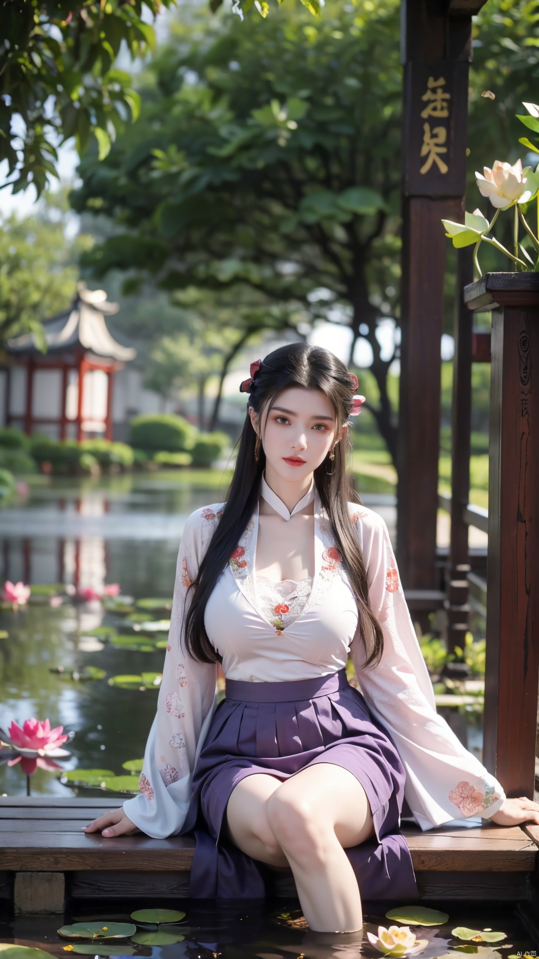  (1girl:1.1), (Lace purple skirt:1.39), on Stomach,aqua_earrings,Lights, lanterns, chang,(big breasts:1.56),hanfu, Best quality, Realistic, photorealistic, masterpiece, extremely detailed CG unity 8k wallpaper, best illumination, best shadow, huge filesize ,(huge breasts:1.56) incredibly absurdres, absurdres, looking at viewer, transparent, smog, gauze, vase, petals, room, ancient Chinese style, detailed background, wide shot background,
(((black hair))),(Sitting on the lotus pond porch:1.49) ,(A pond full of pink lotus flowers:1.5),close up of 1girl,Hairpins,hair ornament,hair wings,slim,narrow waist,perfect eyes,beautiful perfect face,pleasant smile,perfect female figure,detailed skin,charming,alluring,seductive,erotic,enchanting,delicate pattern,detailed complex and rich exquisite clothing detail,delicate intricate fabrics,
Morning Serenade In the gentle morning glow, (a woman in a pink lotus-patterned Hanfu stands in an indoor courtyard:1.36),(Chinese traditional dragon and phoenix embroidered Hanfu:1.3), admiring the tranquil garden scenery. The lotus-patterned Hanfu, embellished with silver-thread embroidery, is softly illuminated by the morning light. The light mint green Hanfu imparts a sense of calm and freshness, adorned with delicate lotus patterns, with a blurred background to enhance the peaceful atmosphere,