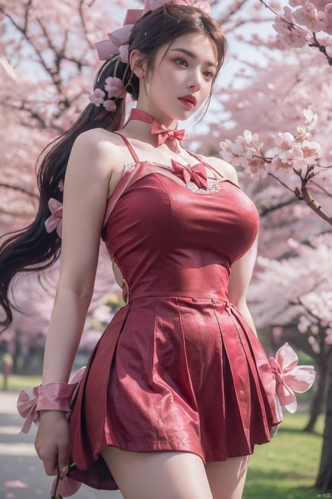  1girl,light rays,masterpiece, best quality,Maho Nanami, 1girl,solo,(red clothing:1.5) (pink drees:1.5),bangs, dynamic pose, mature female, highly detail,lips,blueeyes,pantyhose,pleated shan skirt shan,see-through, bdsm,(big breasts:1.5),(Long wavy hair:1.5),(pink bow:1.6),(high ponytail:1.5),(The background is under the cherry blossom trees on campus:1.7), hand101, Light master, ((poakl)), long dress